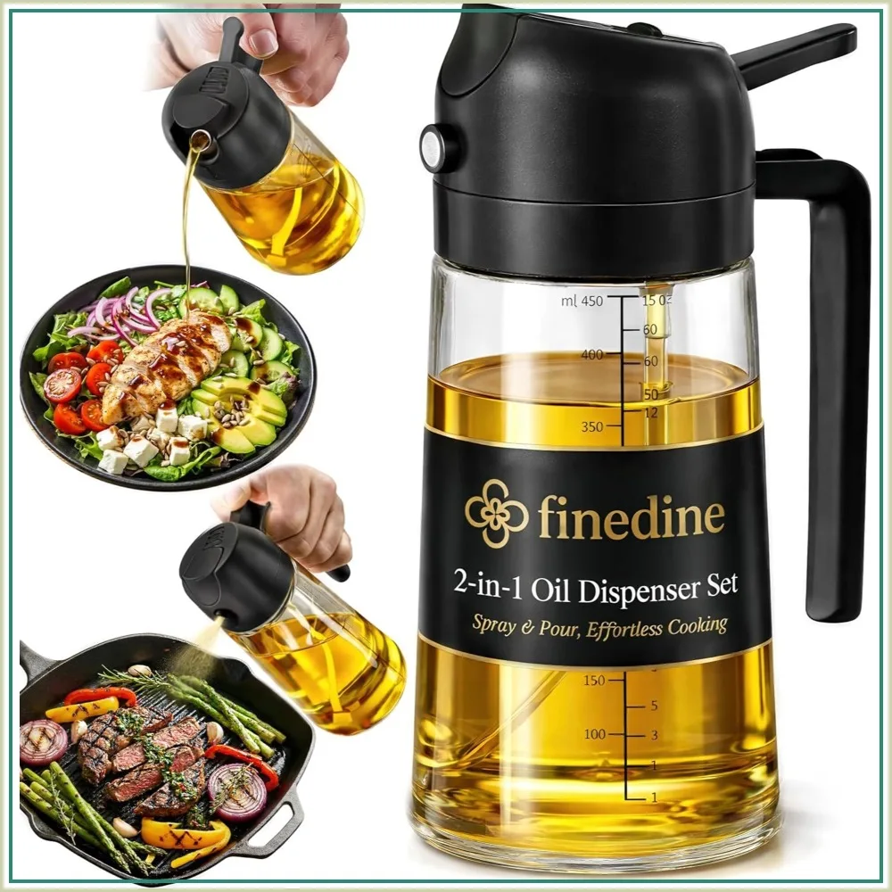 Rociador de Aceite de Oliva 2 en 1: Rociador y Chorro, Botella de Vidrio de 16 oz para Cocinar, Freír al Aire, Ensaladas, Barbacoa, Hornear – Marcas de Medición, Negro