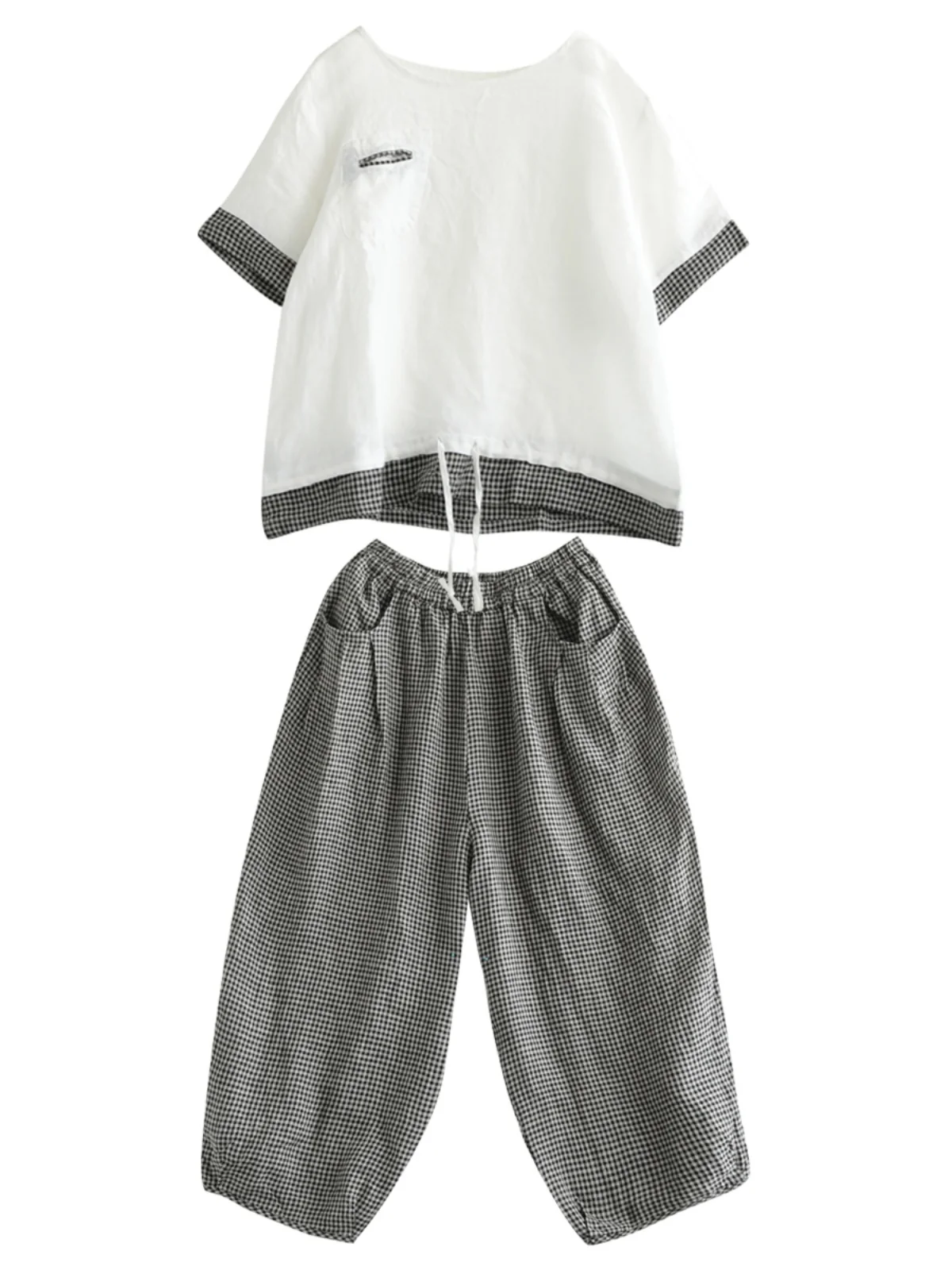 Faionable комплект больших размеров, женская футболка в клетку Color Blo, круглая Ne ort Sve Nine Points, повседневные брюки Harlan, состоящие из двух предметов...