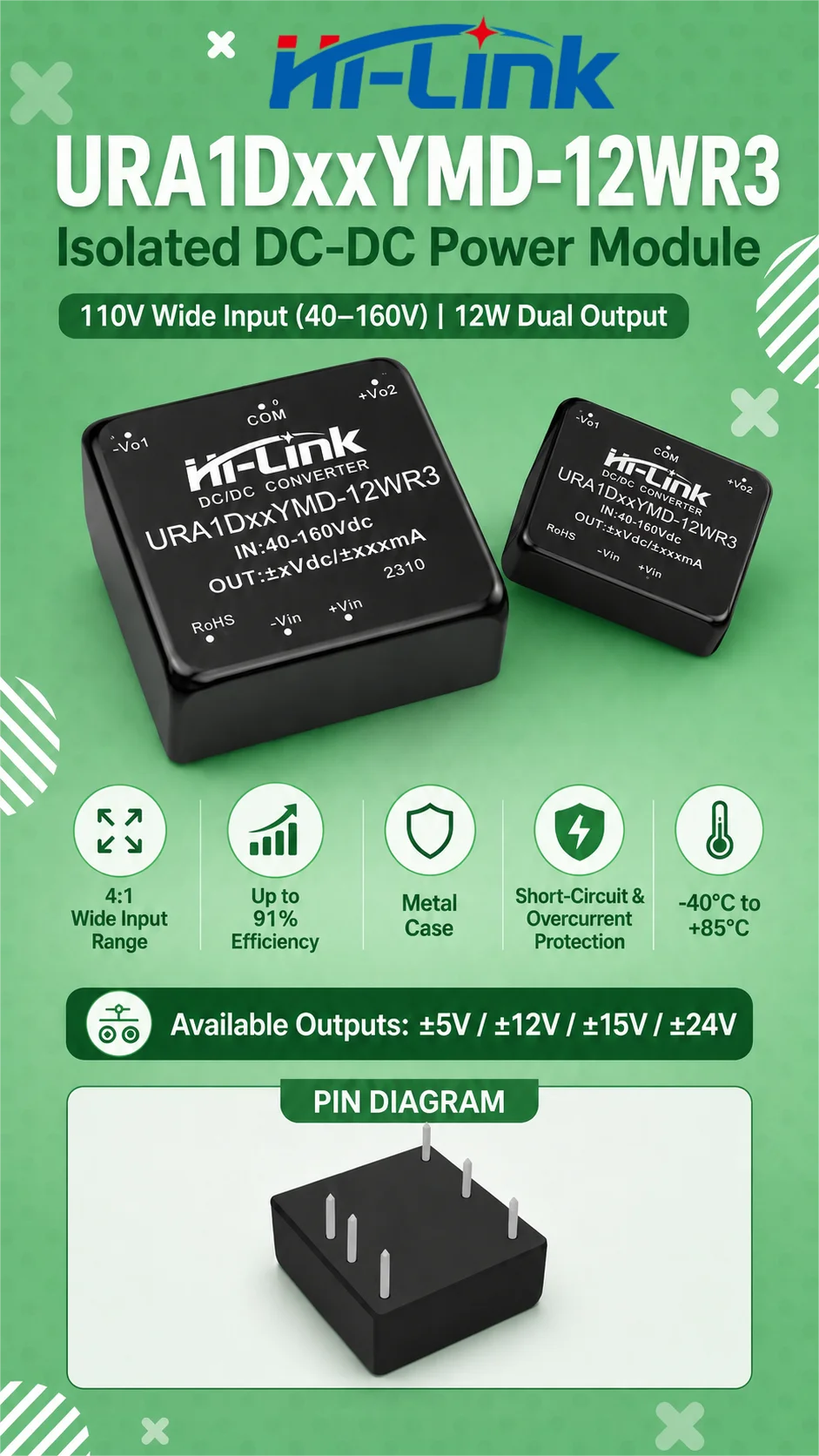 Hi Link 91 Power Conversion Rate 12W Thin DIP Module URA1D05YMD URA1D12YMD Low Cost Railway Medical Equipment Power Assembly