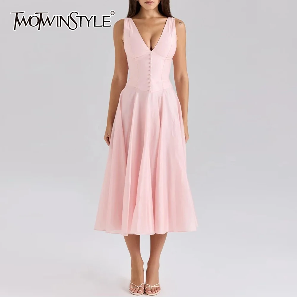 

TWOTWINSTYLE Solid Spliced Button Slimming Dresses for Women V Neck Sleeveless High Waist Temperament Dress Female