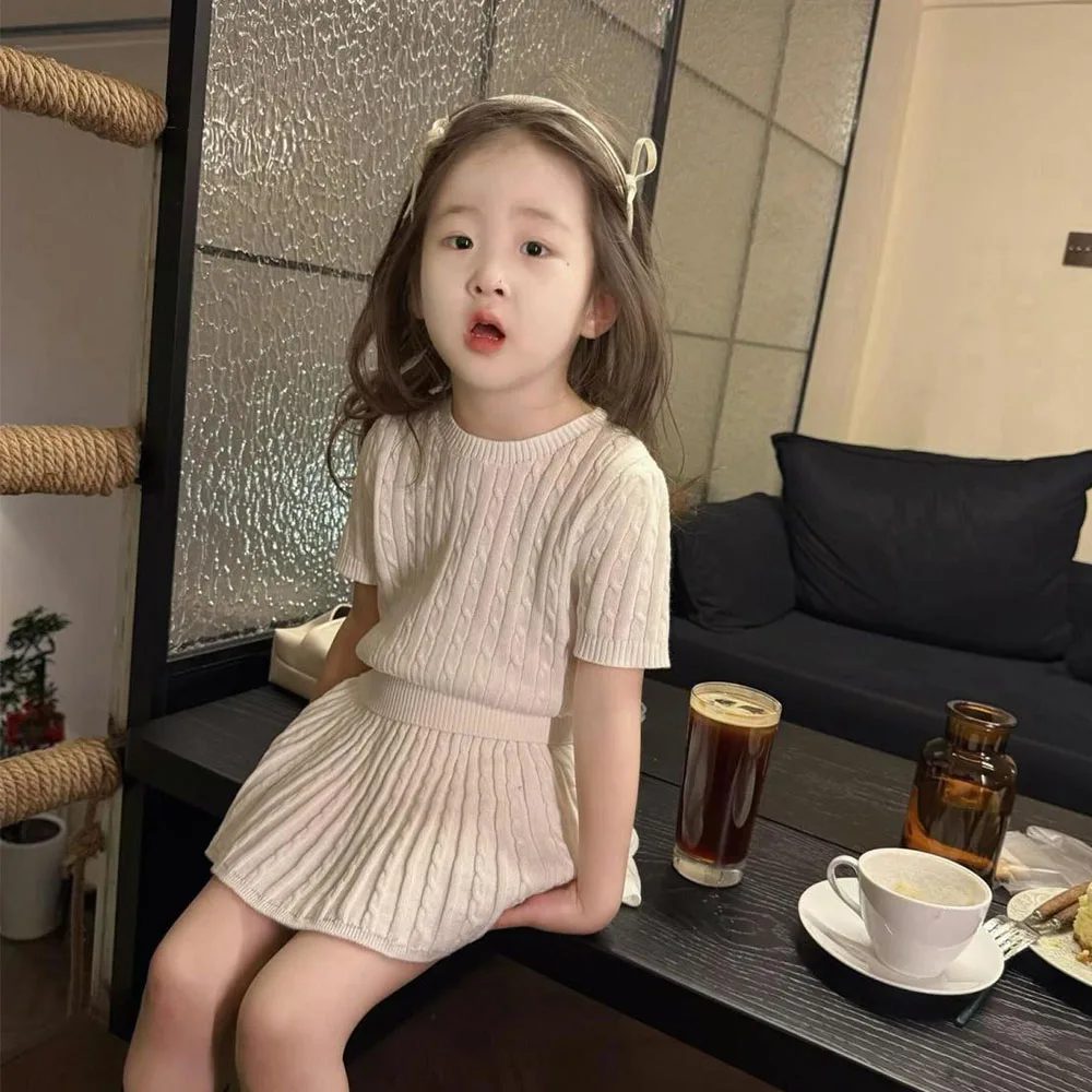 Kids Girl Preppy Style Knit Set, Cream White Cable Knit Top + Matching Pleated Skirt, Summer Short Sleeve Co-Ord for Toddlers