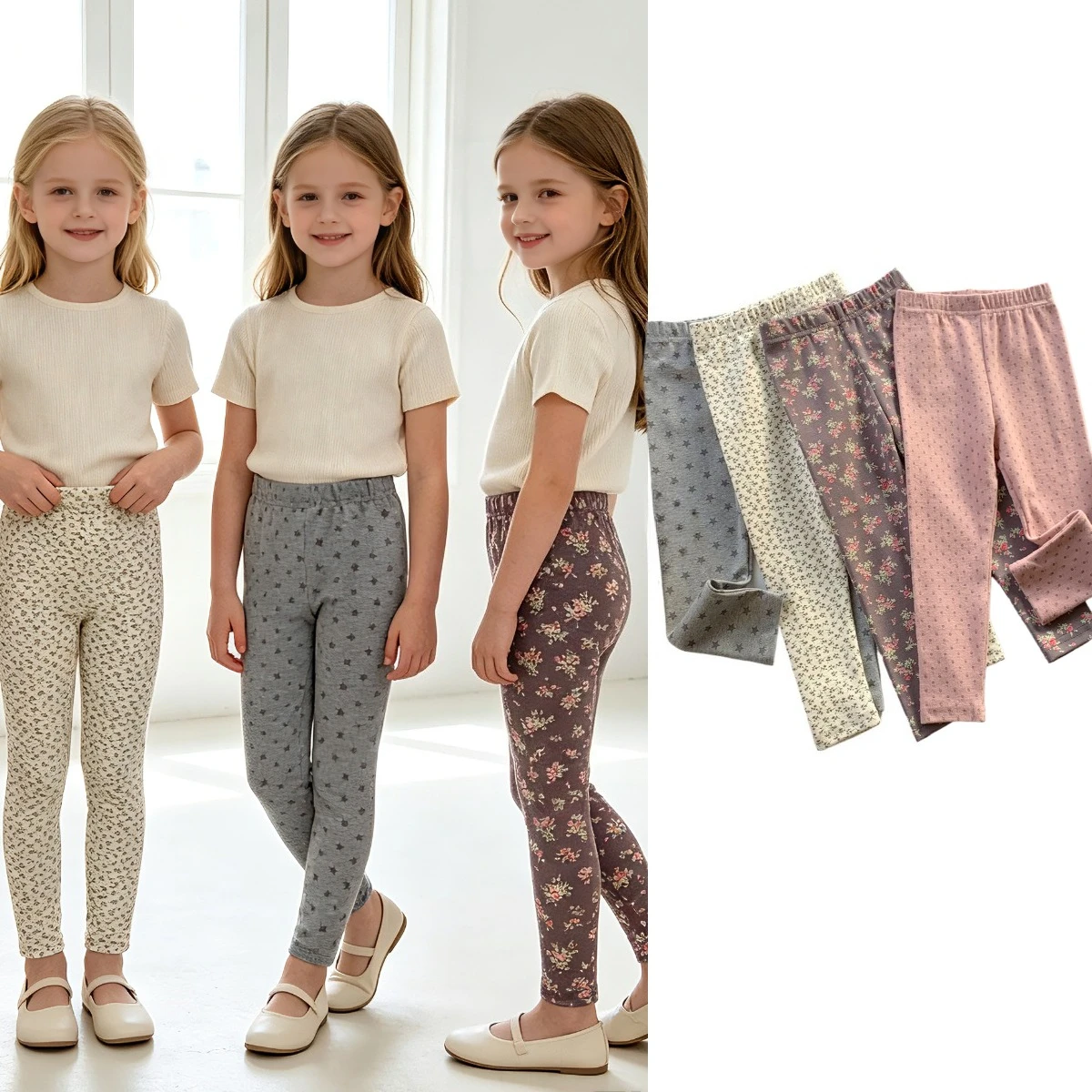 Girls Stretch Cotton Leggings Floral and Star Print Skinny Pants Kids Soft Elastic Waist Long Tights Autumn Winter Daily Wear