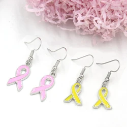 10PRS Lot Wholesale Simple Drop Earrings Endometriosis Yellow Pink Ribbon Breast Cancer Earring For Women Girl Awareness Jewelry