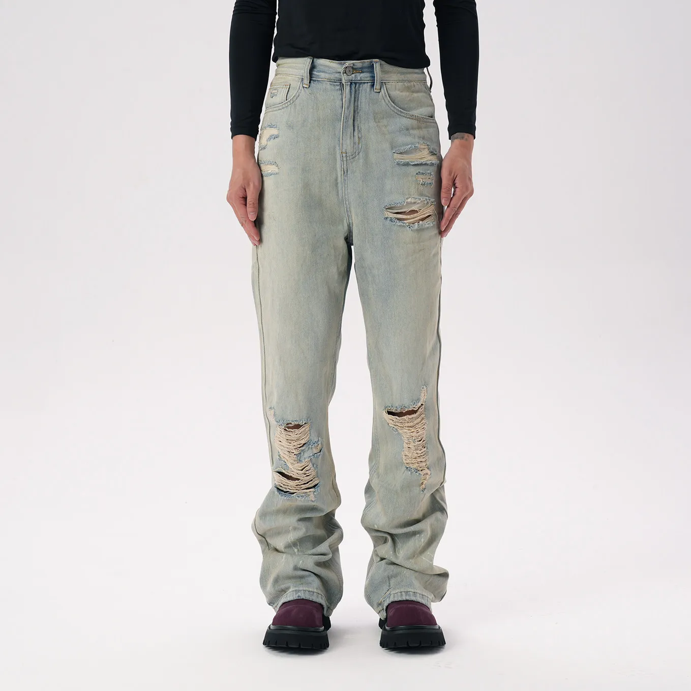 Fashionable American Retro High Street Dirty Dyed Old Splash-Ink Ripped Brushed Damaged Mopping Jeans Spring and Summer