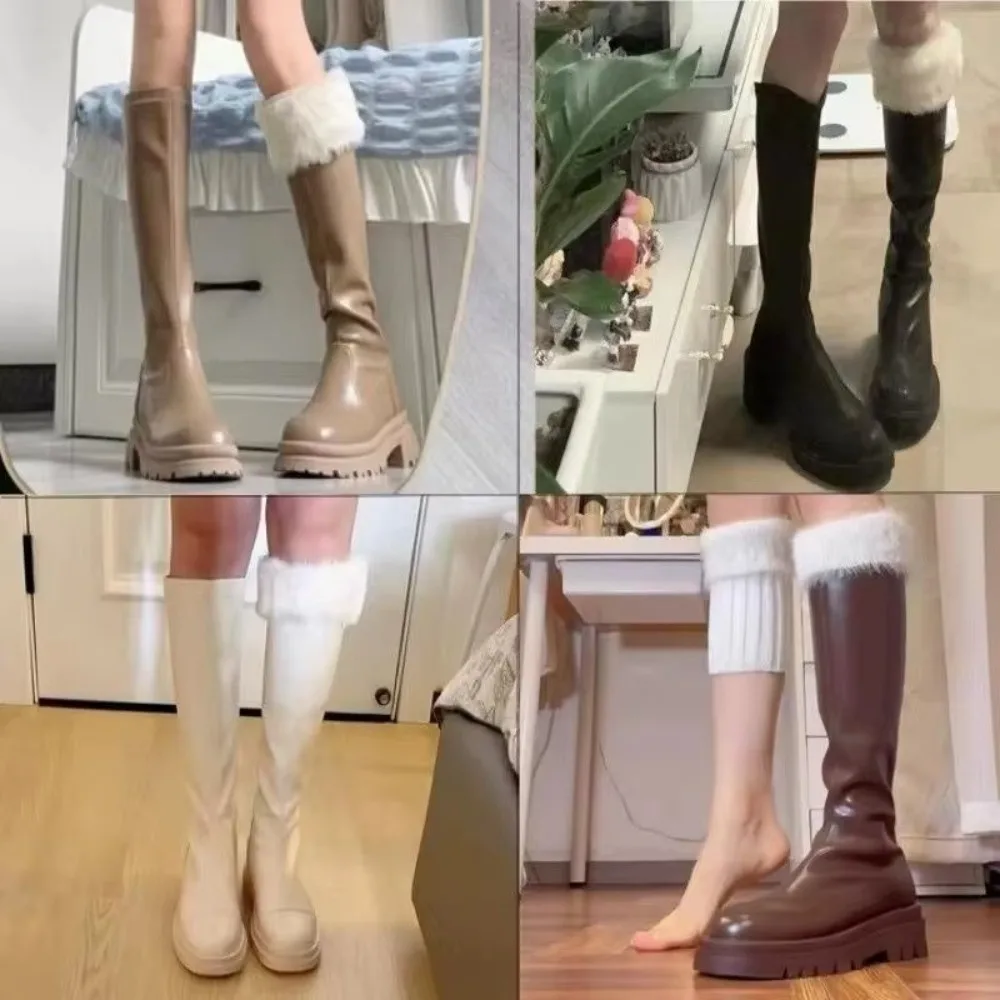 Nuovi stivali in pelliccia tinta unita Copri calzino in pile Harajuku lavorato a maglia Scaldamuscoli ispessiti da donna