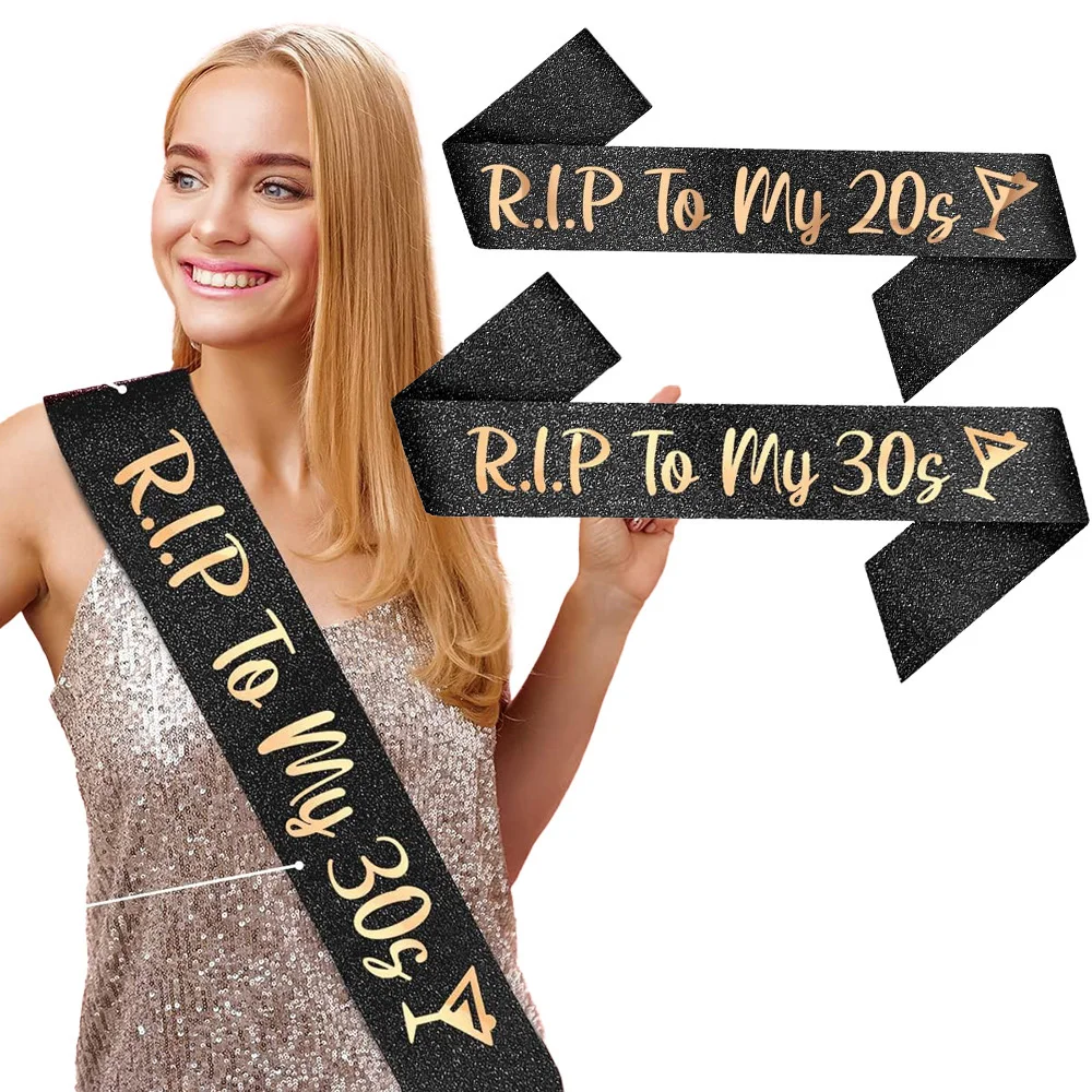 

20th Party Forever 30th Birthday Sash Decorations RIP to My 20s Sash Black 32 inch Long with Rose Gold Letters