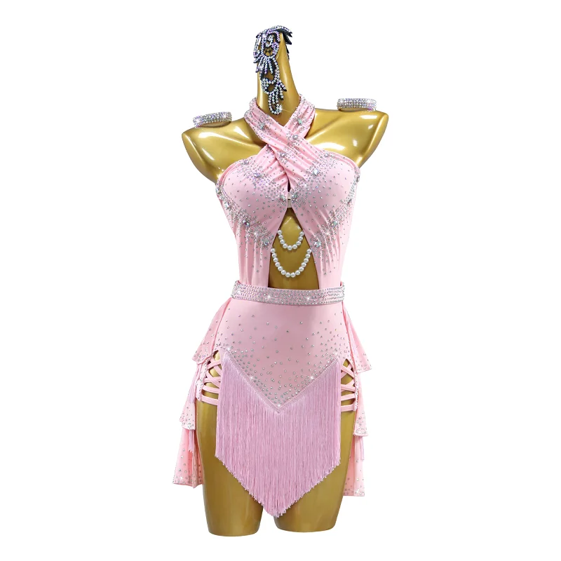 بدلة الرقص النسائية قاعة المنافسة فستان الملابس اللاتينية مهدب تنورة الفتيات مثير الرياضة حفلة موسيقية زي 2025 الأطراف القطب الزي