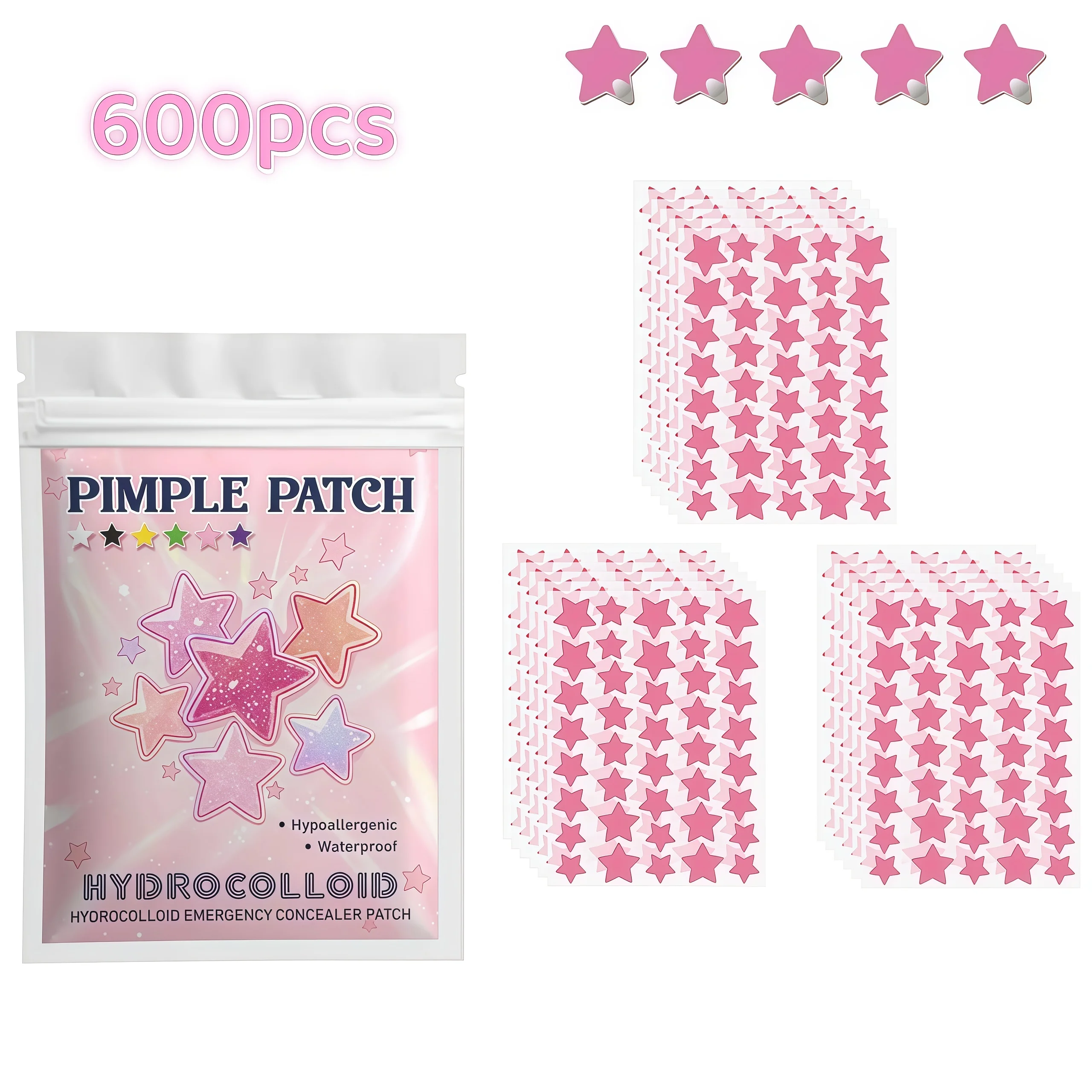 200/600/800pcs Pink Star Hydrocolloid Patches, Cute Invisible Spot Covers, Multi Size