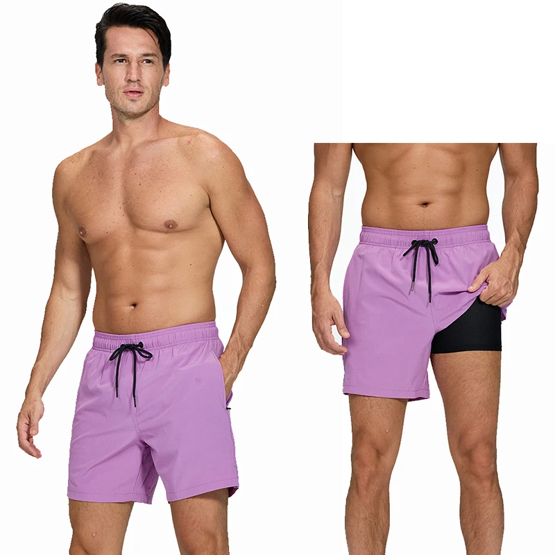 Upgrade Breathable Lining Mens Shorts 2 in 1Quick-Dry Fitness Sports Swim Shorts Pockets Beach Pants summer