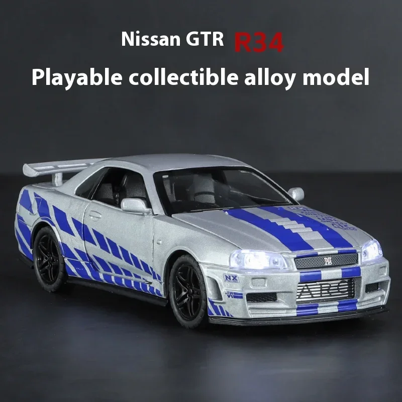 1:32นิสสันสกายไลน์เรส GTR R34อัลลอยด์โลหะหล่อจากโลหะแบบจำลองรถแข่งของเล่นจำลองเสียงและแสงของเล่นเด็กของขวัญเด็กผู้ชาย