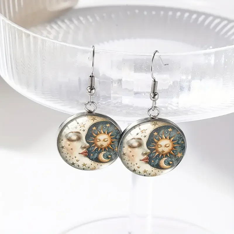 Boho Moon And Sun Earrings Stainless Steel Glass Celestial & Horoscope Dangle Earrings For Women