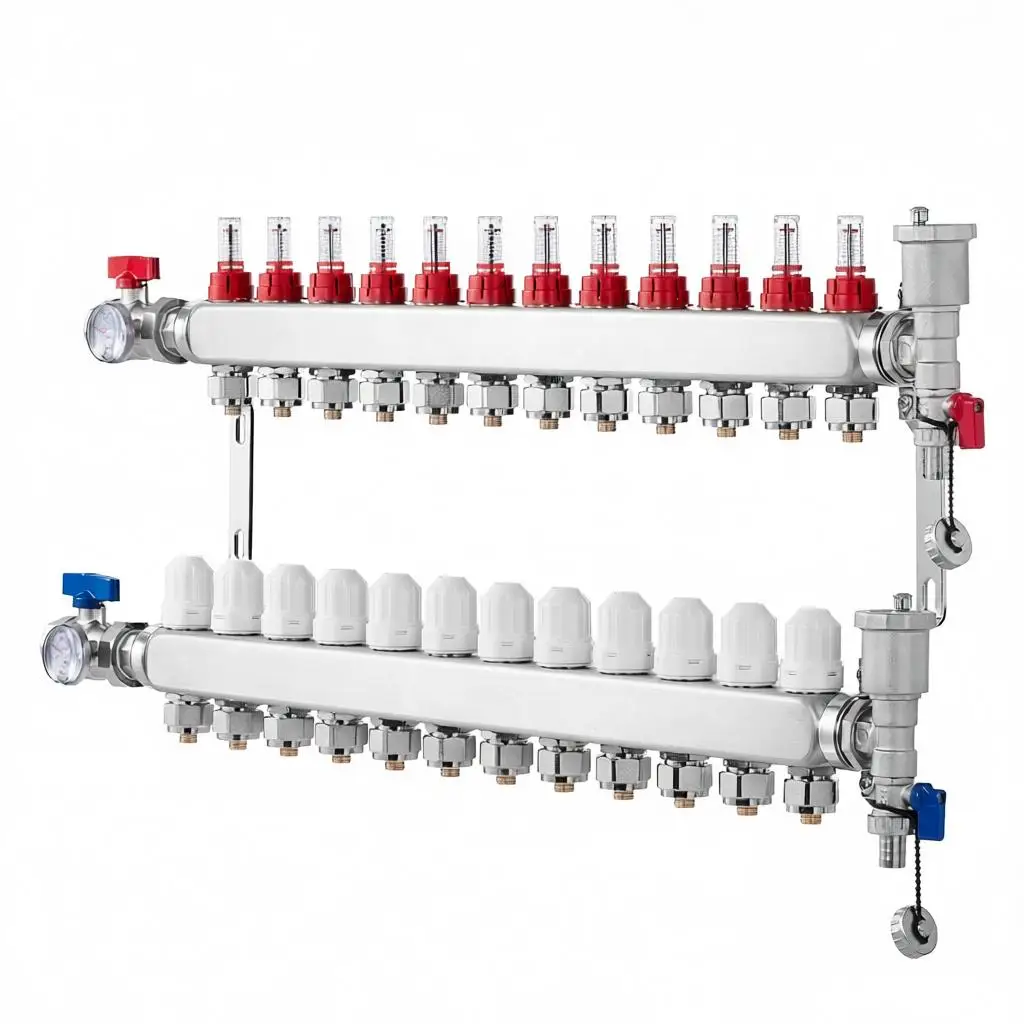 

12-Branch Radiant Heat Manifold, 1/2" PEX Tubing Manifold, Stainless Steel PEX Manifold for Hydronic Radiant Floor Heating, R