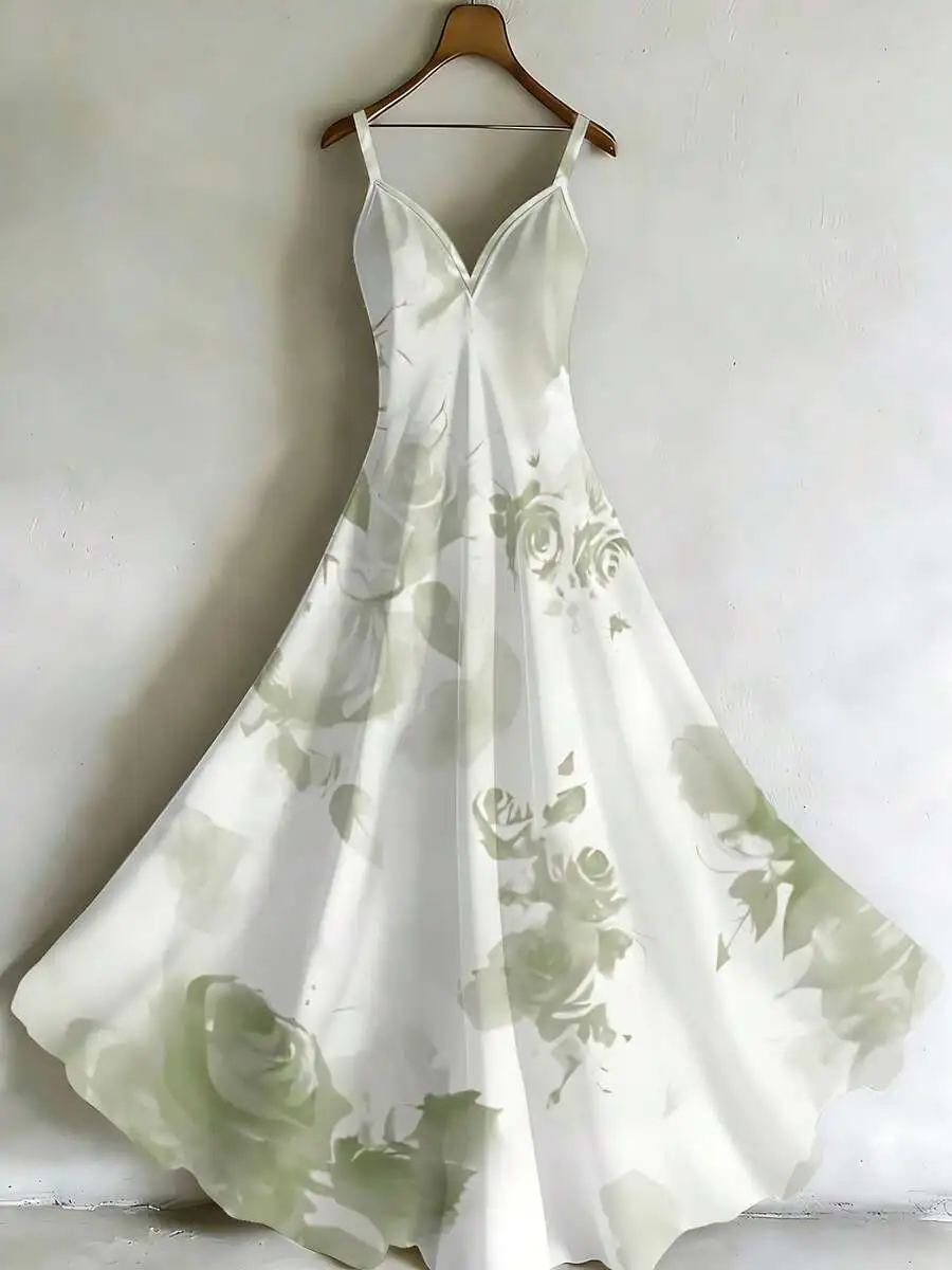 

Elegant V-Neck Floral Print Long Dress For Women Loose Fit Midi Dress