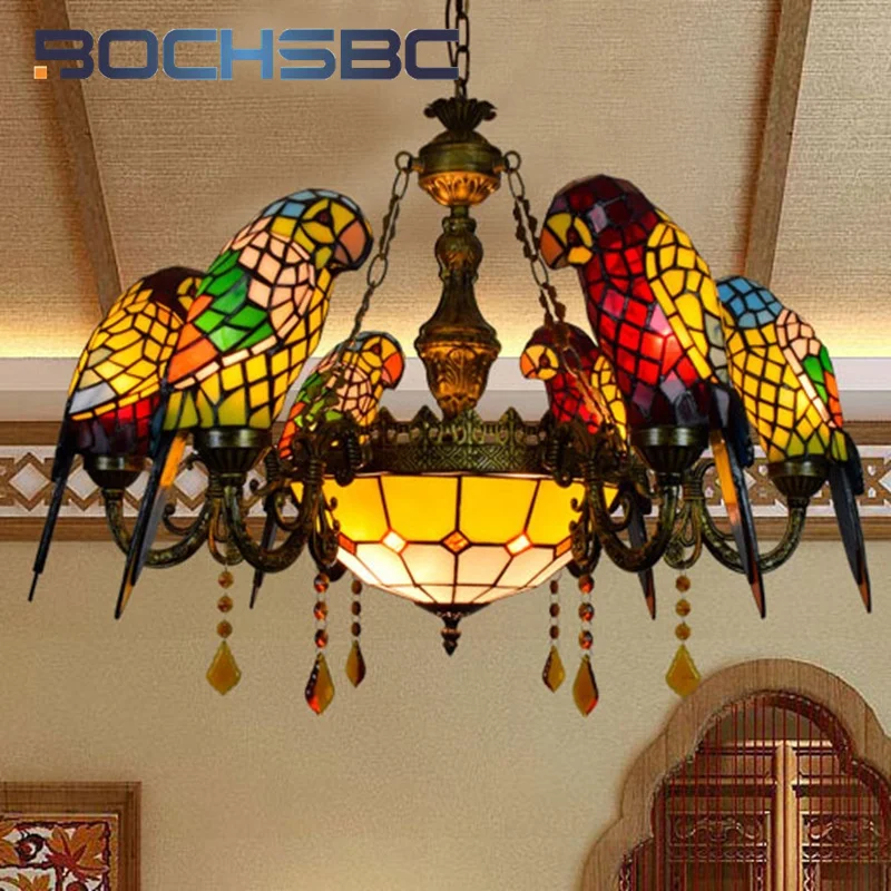 BOCHSBC Tiffany Light Luxury stained glass double bird multi-head chandelier Garden Living room Bar restaurant aisle parrot deco