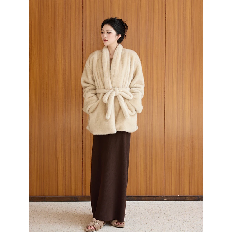 

SerioLudere Lazy Egg Cr Apricot Versatile Warm Faionable Eco-friendly Fur ort Coat Women's Faion Winter Outerwear