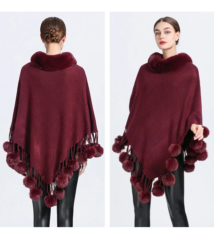 Châle de décoration de boule de fourrure pour femme, écharpe poncho, col en fausse fourrure, cape à franges, couverture asymétrique, châle en diamant