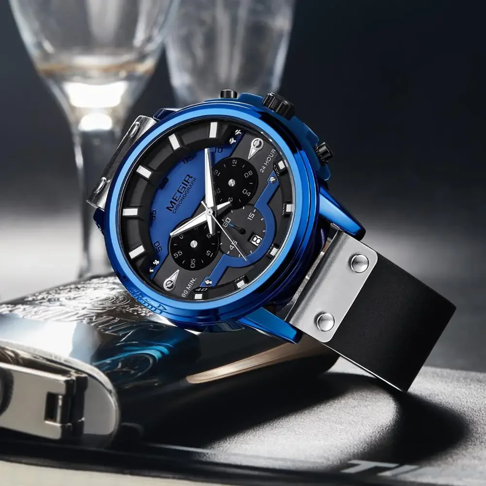 MEGIR 2080 Men\'s Quartz Watch Sport Fashion Multifunctional Calendar Luminous Chronograph Waterproof Genuine Leather Strap Clock