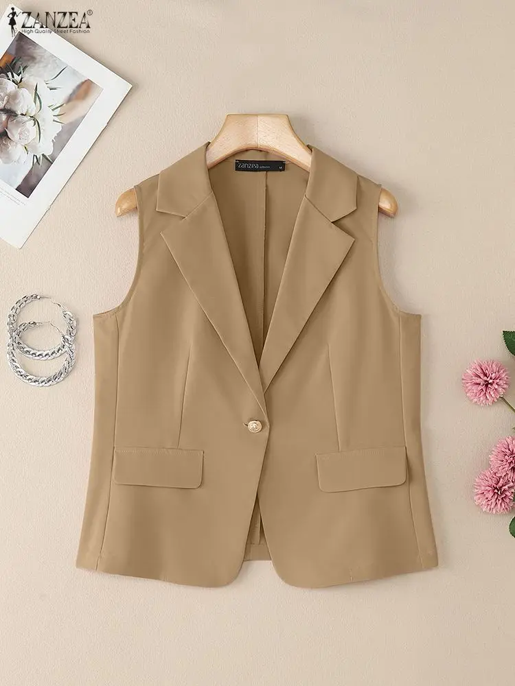 

Женский пиджак с зубчатыми лацканами, жилеты, осень 2021, модные однотонные жилеты без рукавов на одной пуговице ZANZEA, офисная женская одежда