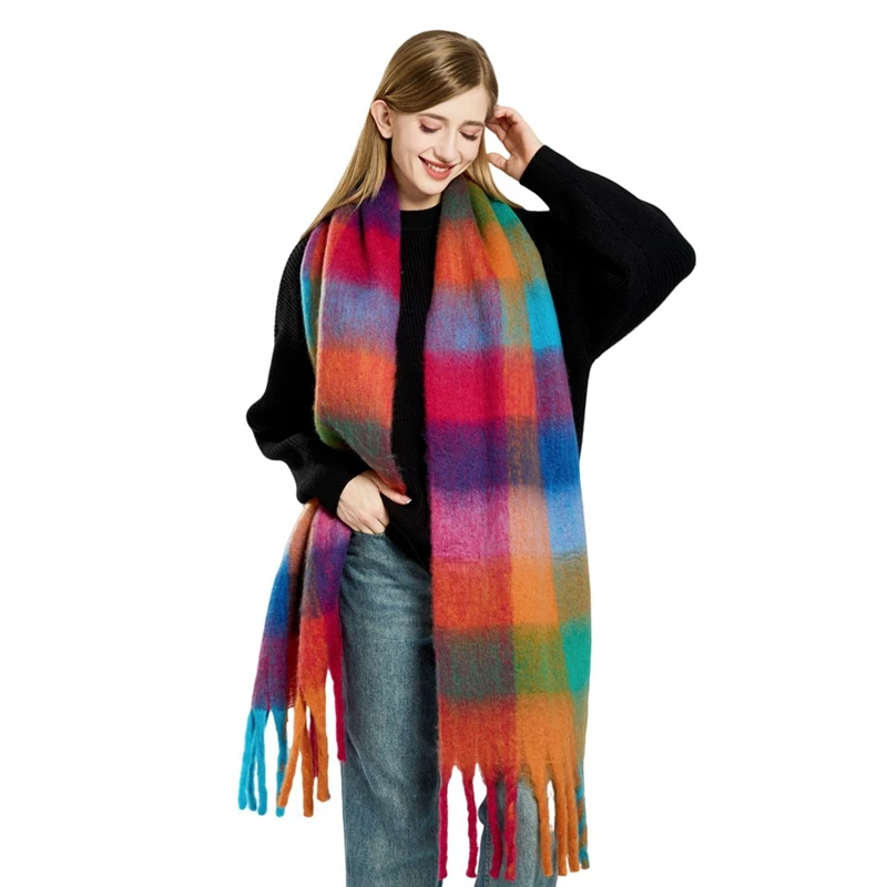 Bufanda a cuadros de colores para mujer, bufanda larga gruesa de Mohair, protección del cuello cálida a prueba de frío para invierno, informal y versátil