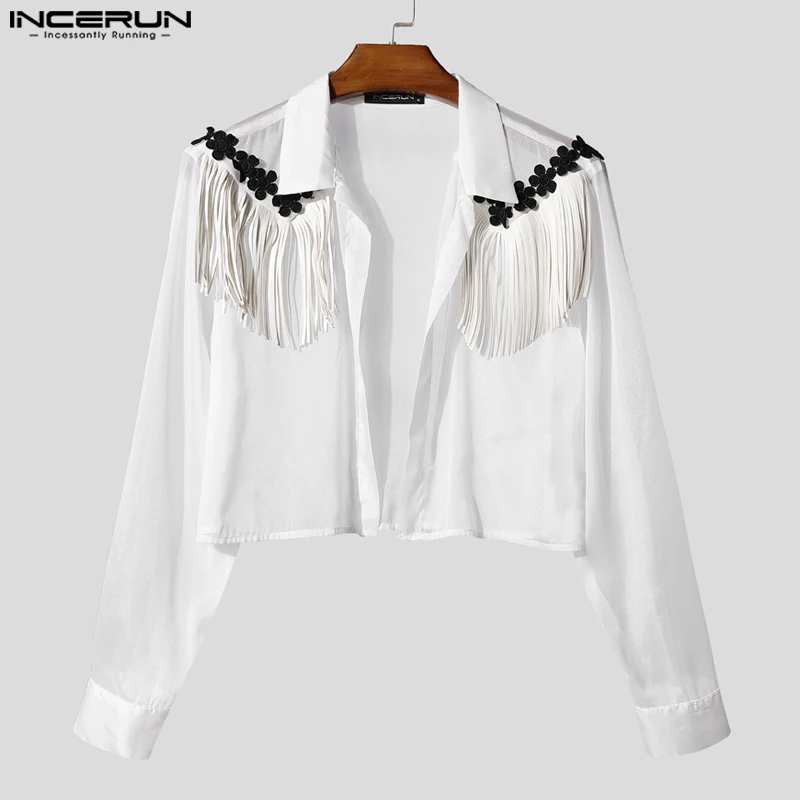 

INCERUN Men Shirt Flower Embroidered Tassel Patchwork See Through Male Cardigan Open Stitch Long Sleeve Streetwear Outerwear Men