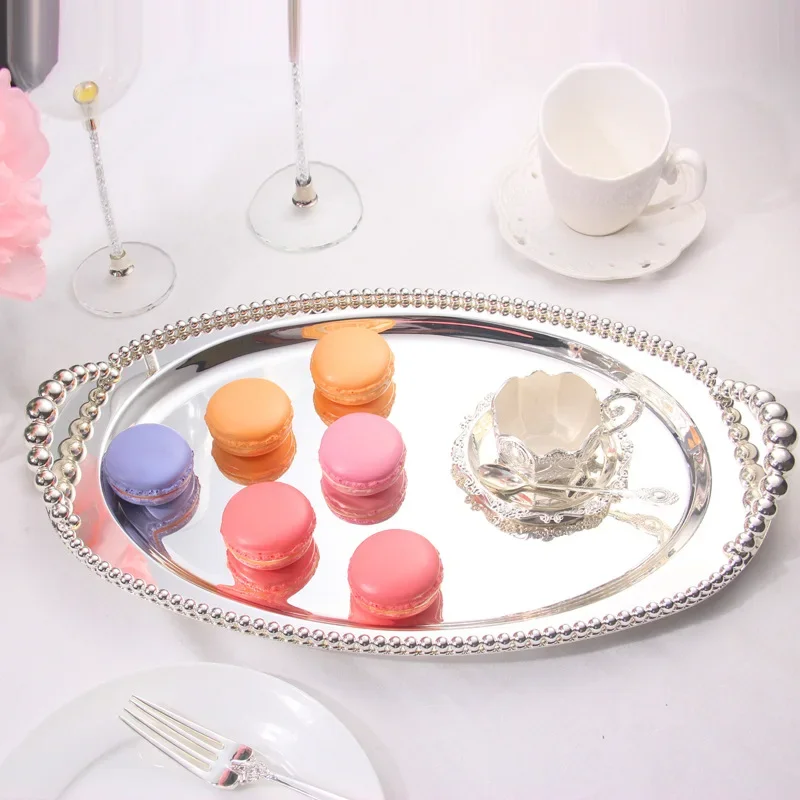 Silver Metal Serving Tray for Home Storage, Decorative Cake Stand with Cutlery Handles, Storage Orgnizer, Oval and Rectangle