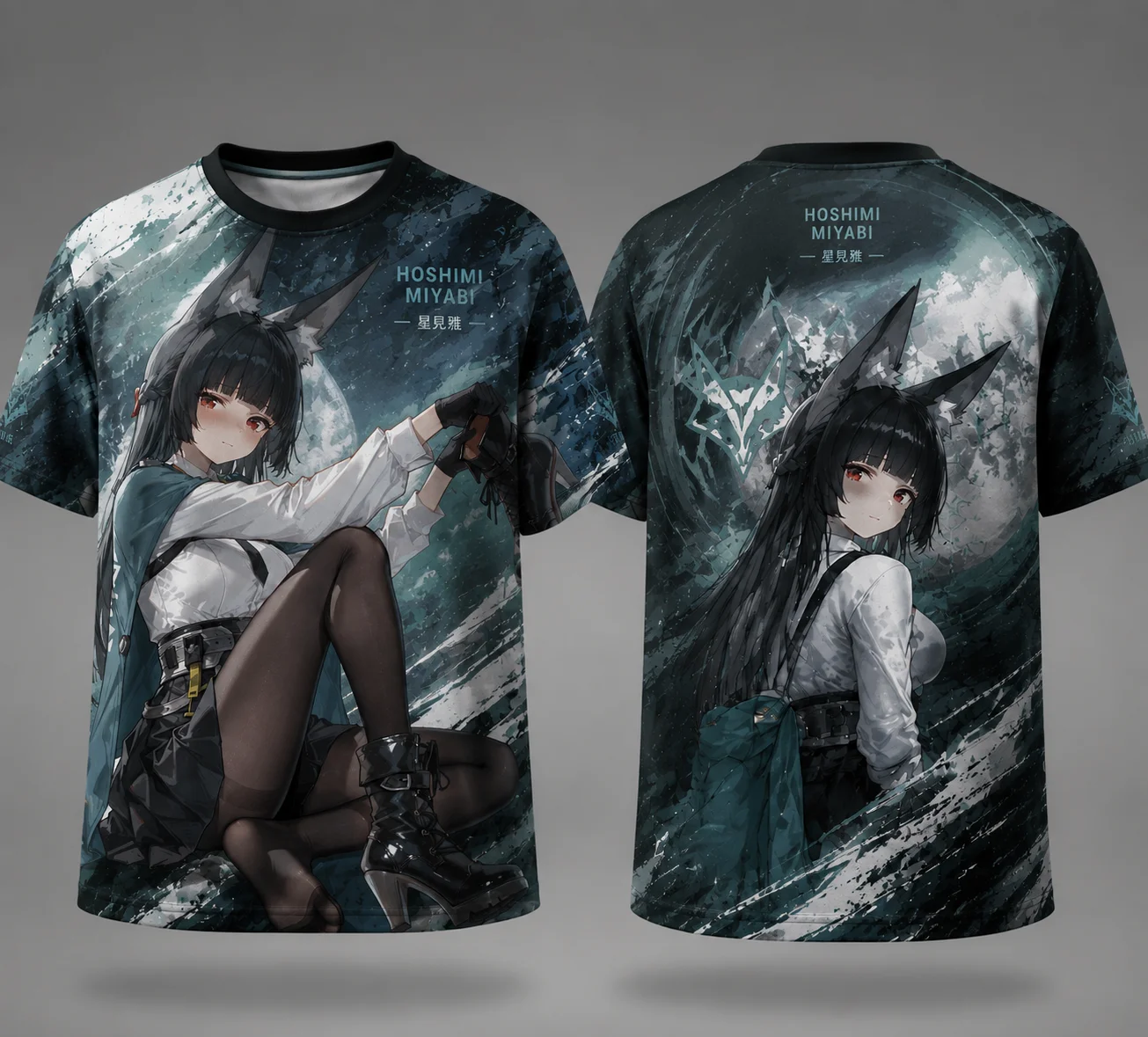 Hoshimi Miyabi Anime Fox‑Ear Girl 3DAll‑Over Print T‑ShirtRetro Grunge Dark‑Green Graphic Short‑Sleeve Tee Polyester Casual Tops