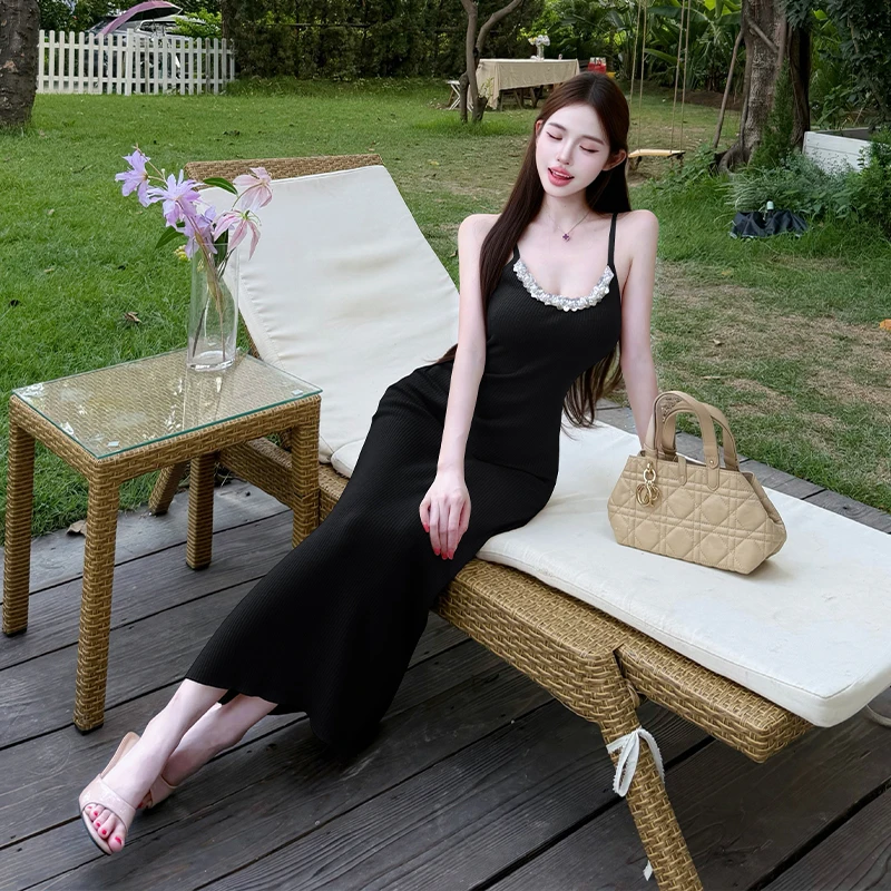 Slim Fit Knitted U-Neck Wrap Dress Women's Small Fragrance Style High Waist Long Skirt Summer Season No Sleeve H-Shape Dress