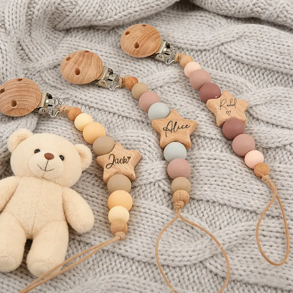 

Personalized Baby Pacifier Clip Custom Name Infant Dummy Clip Baby Shower Gifts Wood Baby Supplies New Mother Gift