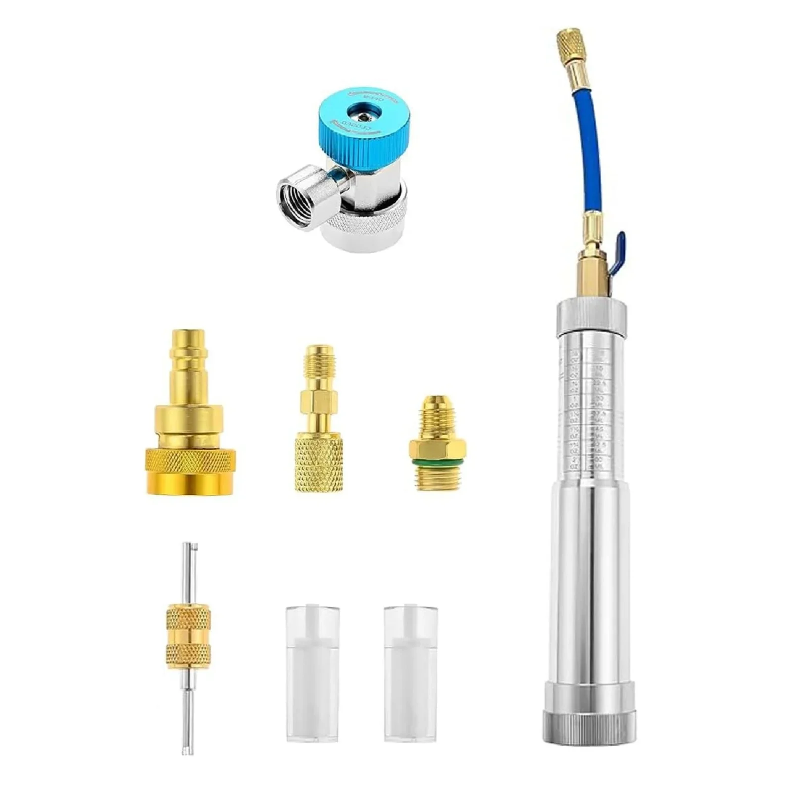 

AC Oil Dye Injector Prevent Kit with R134a R1234YF Adjustable Quick Couplers,2 Oil Checkers,R410 Adapter for Refrigerant System