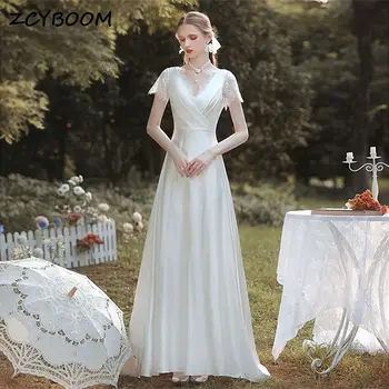 تخصيص الدانتيل الساتان الخامس الرقبة ألف خط متقاطع فساتين زفاف بسيطة للنساء 2025 سويب تراين فستان زفاف Vestidos De Novia