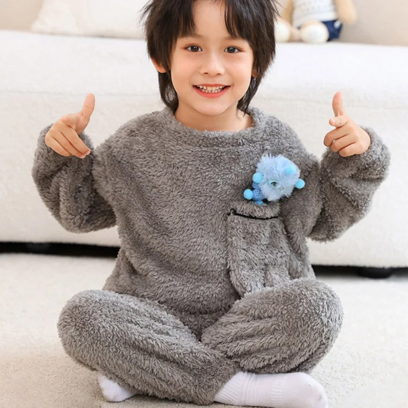 Autumn Winter Boy Girl Clothes Pajamas Set Solid Cartoon Pattern Flannel Two-Piece Sleepwear Unisex Warm Nightwear Loungewear