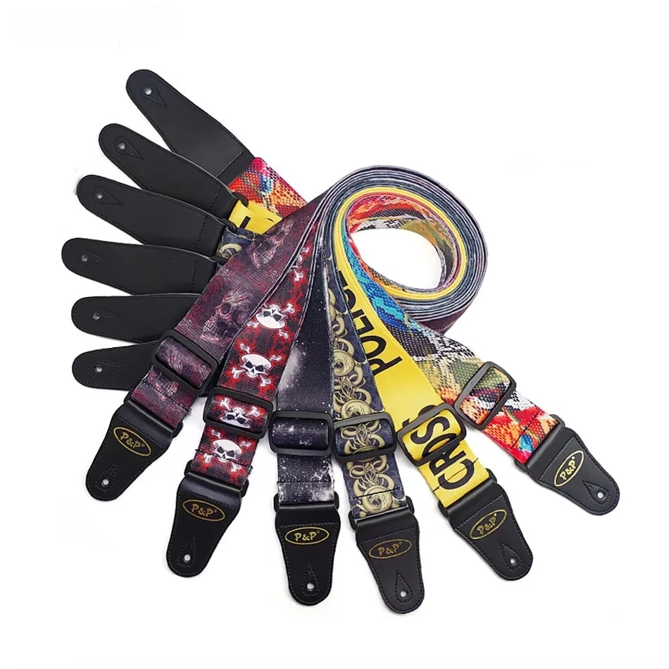 Soft Thick Adjustable Cool Pattern Printed Terylene Polyester Guitar Strap with Leather Ends For Acoustic Electric Guitar Bass