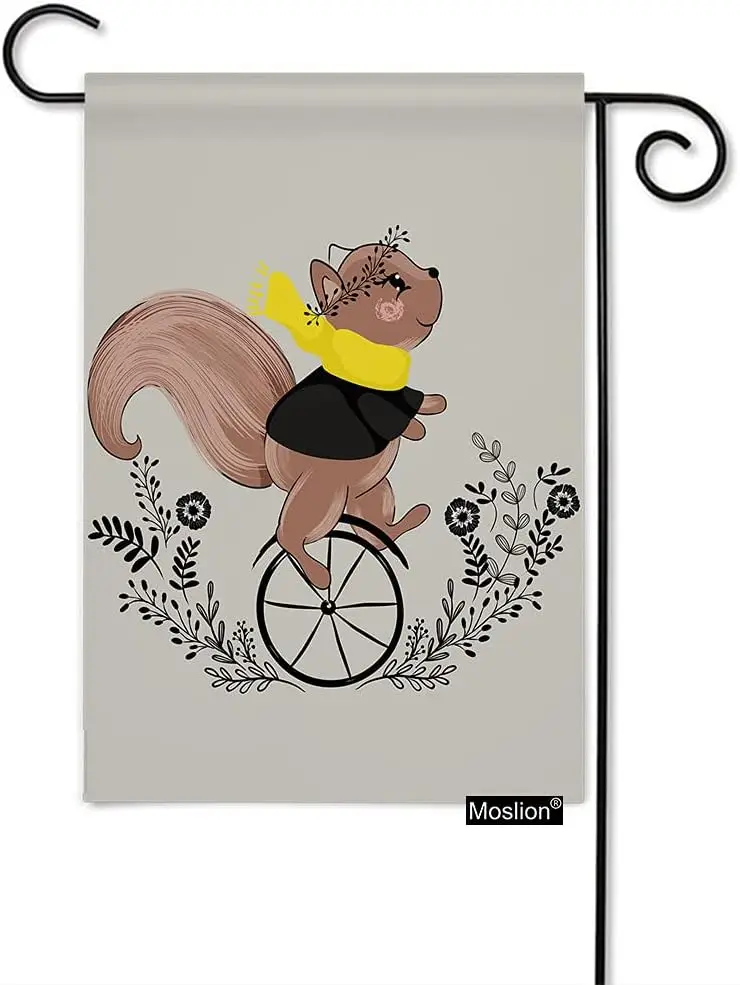 Moslion Squirrel Garden Flag 12.5x18 Inch Bohemian Animal Squirrels on Bike Wheels with Flower Leaf Yard Flag Burlap Banners SSL