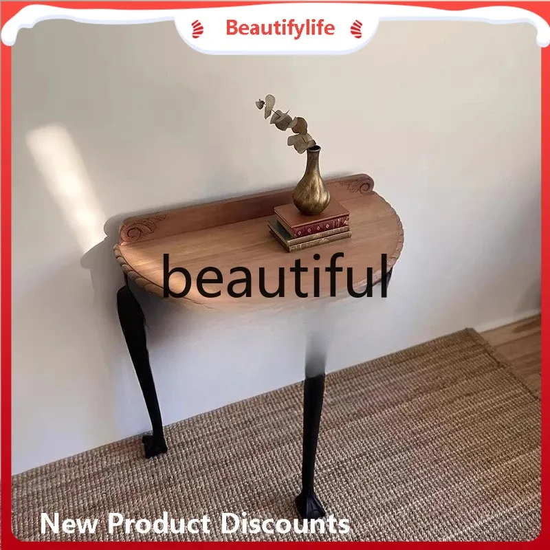 Medieval style home solid wood carving flower entrance table, retro side table against the wall semi-round entrance table  H