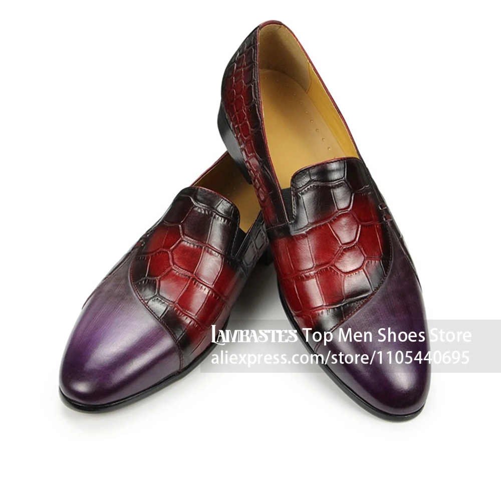 Slip on Pointed Toe Business Shoes Purple Red Gradient Crocodile Embossed Loafers Spliced Toe Cap Glossy Polished Dress Shoes