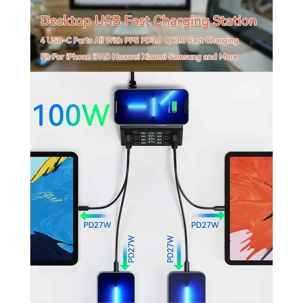 Estación de carga USB de 8 puertos de 100 W con carga rápida 3.0, USB-C PD, cargador inalámbrico y pantalla LCD para iPhone iPad Samsung