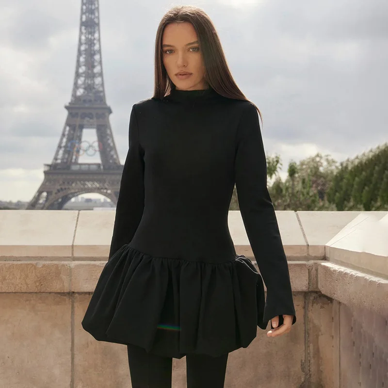 

Tuularose Elegant High Neck Dress Fashion Solid High Waist New Puff Dresses Luxury Patchwork Party Looks Women Evening Dress Y2k