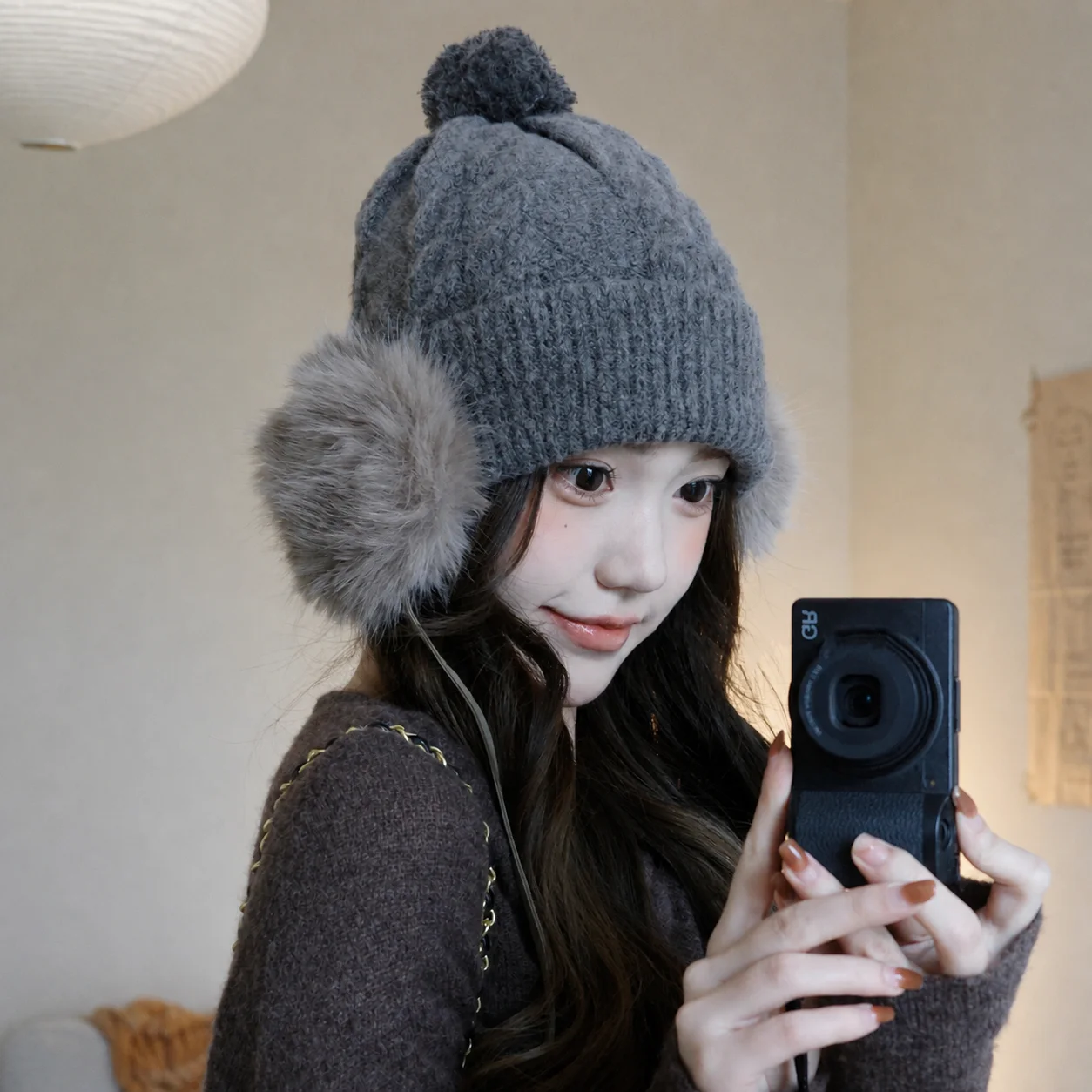 Women's Cable Knit Beanie with Faux Fur Pom Pom Ear Flap Bomber Winter Warm Ribbed Hat Cute Fluffy Knitted Cap for Girls Y2K