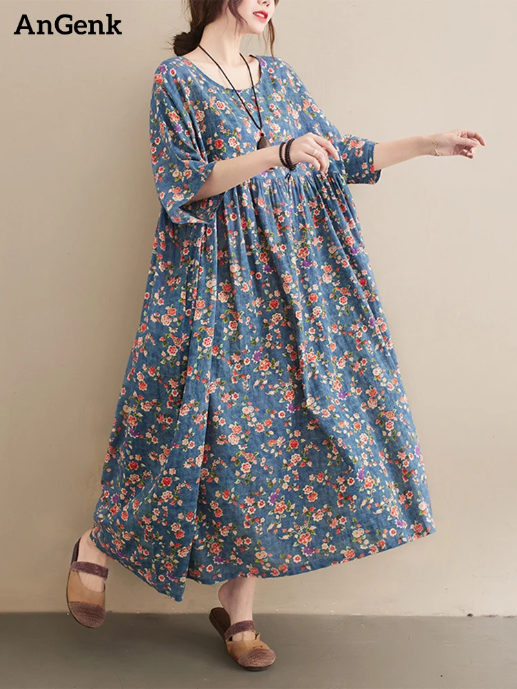 

Женское винтажное платье с коротким рукавом, повседневное свободное платье с цветочным принтом, модель 2023 большого размера на лето