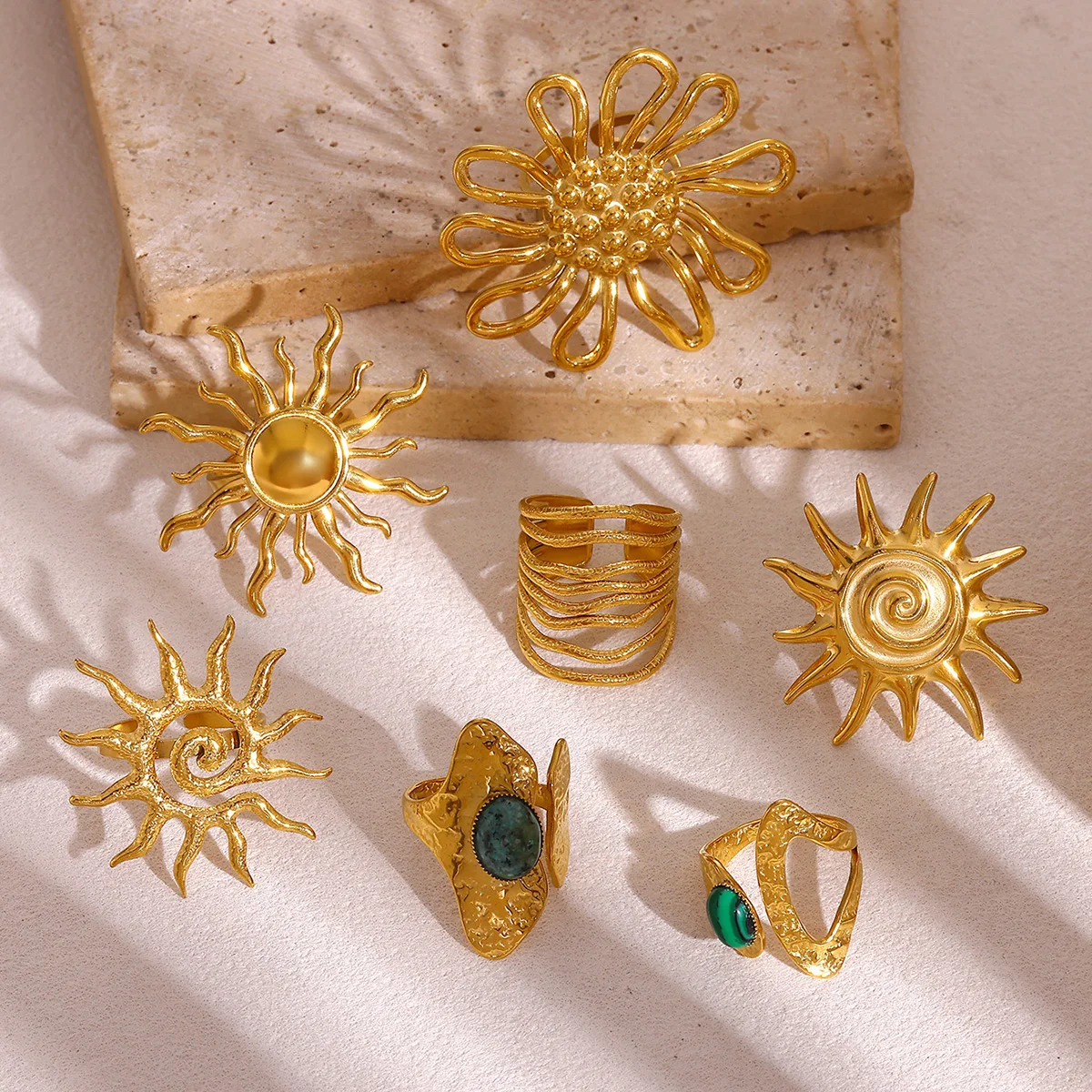 

Retro Big Sun Flower Gold Color Ring For Women Stainless Steel Exaggerated Punk Anillos Open Adjustable Rings Waterproof Jewelry