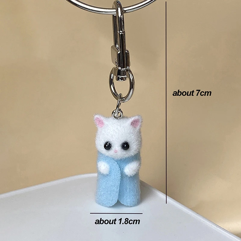 Cute Flocking Cat Keychain Kawaii 3D Kitten Keyring Car Key Holder School Bag Pendant Earphone Hanging Decoration Gifts