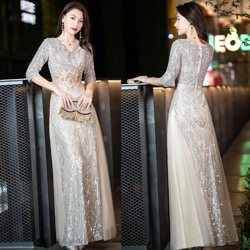 Champagne Straight Evening Party Dress Gown Female Bling Sequins V-Neck Sexy Qipao Mesh 3/4 Sleeve Cheongsam Zipper Vestidos