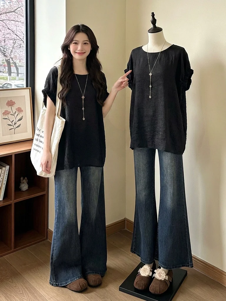 Elegant Black Short Sleeve T-Shirt Women's Loose Belly Covering Top Summer New Style plus Size Korean Version Commute Style