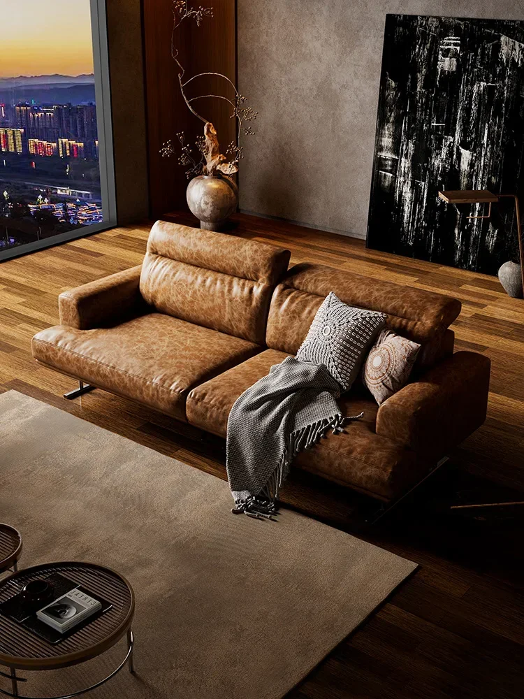 Italian retro oil wax leather sofa combination single seat light luxury in the ancient style living room sofa