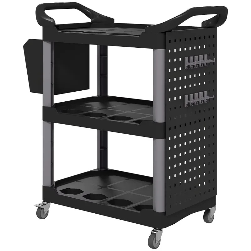 3-Tier Rolling Tool Cart 200 LBS Capacity Black and Light Gray Plastic Utility Cart with Side Shelf and Bucket