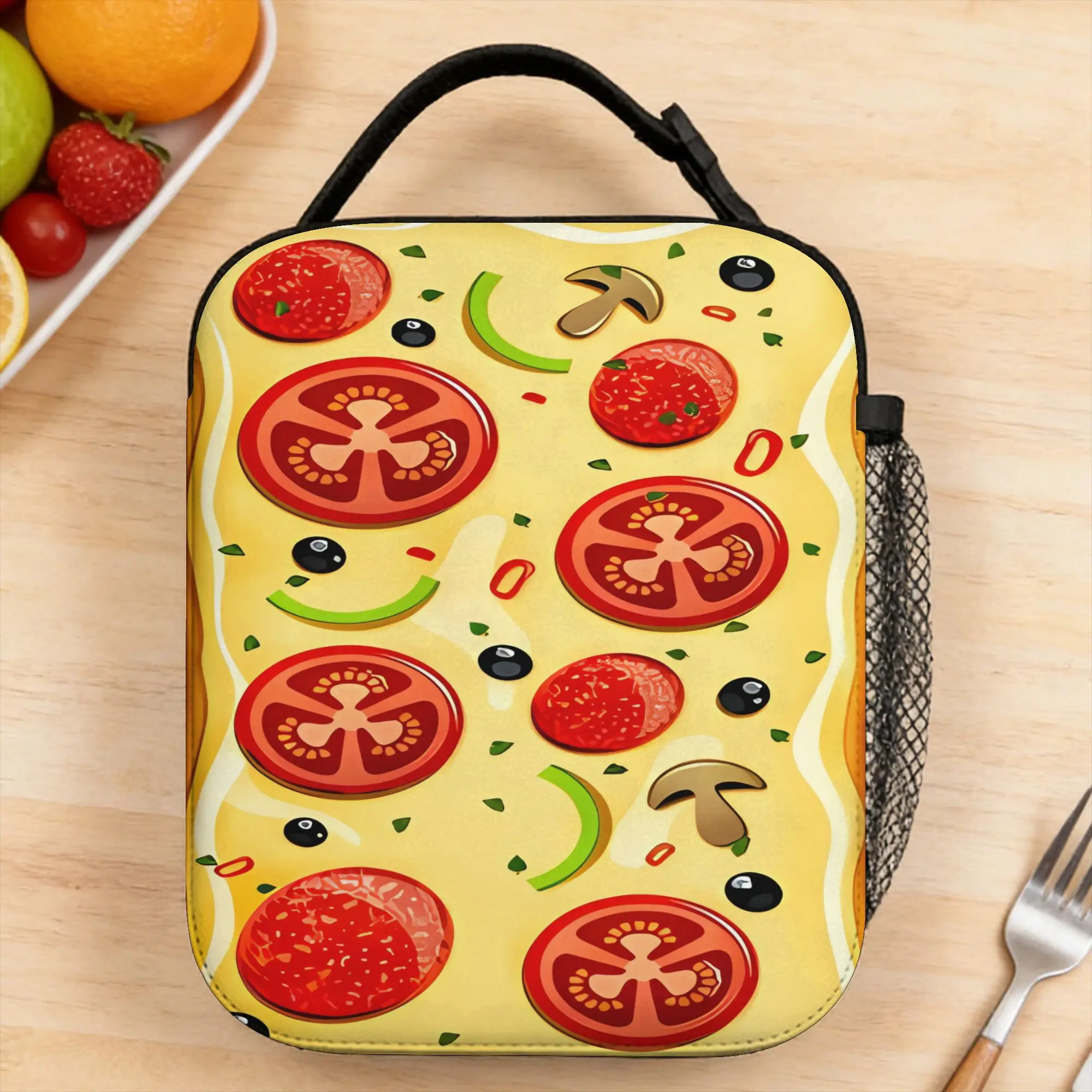 Rectangular Pizza With Tomatoes And Mushrooms Pattern Lunch Bag For Women  Travel Print Lunch Box Oxford Thermal Tote Handbags