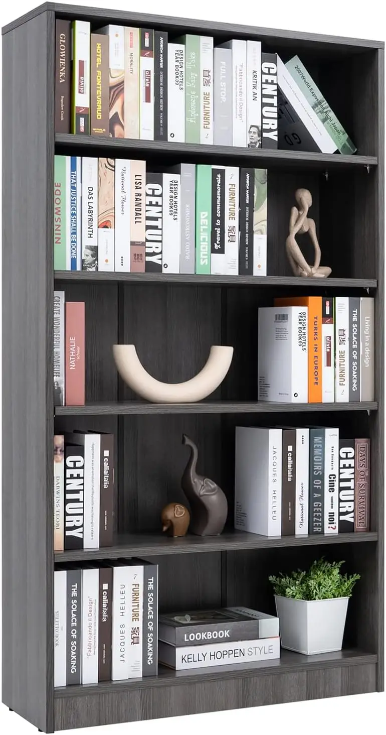 5-Shelf Wood Bookcase Freestanding Display Bookshelf for Home Office School (Grey,11.6" Depth*33" Width*59.8" Height)