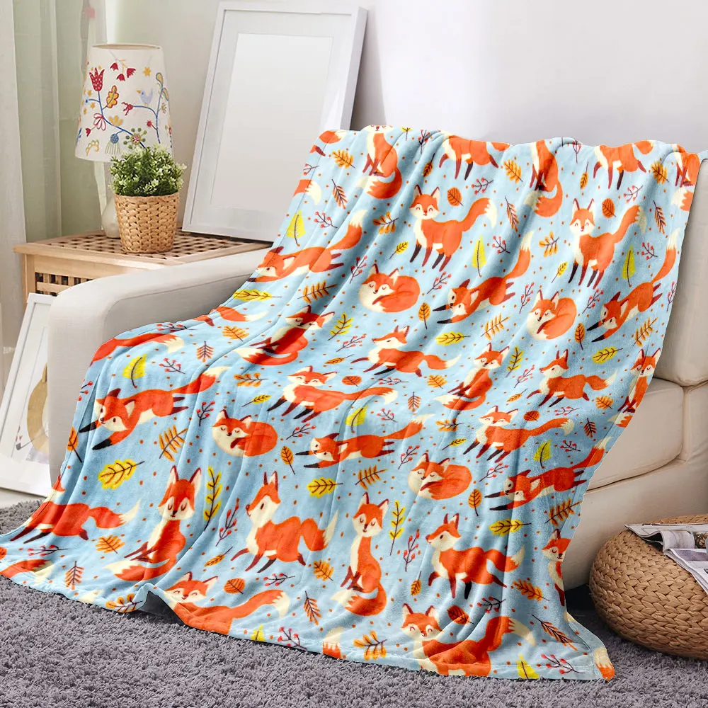Autumn Fox Printed Throw Blanket - Light Blue Background with Orange Foxes, Yellow/Orange Leaves & Brown Pinecones, Whimsical