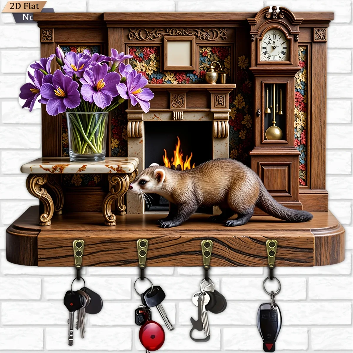 2D Flat, 1pc, Retro European Style Key Hook Wooden Multifunctional Home Key Rack with Four Metal Hooks, Wall Decoration, Porch