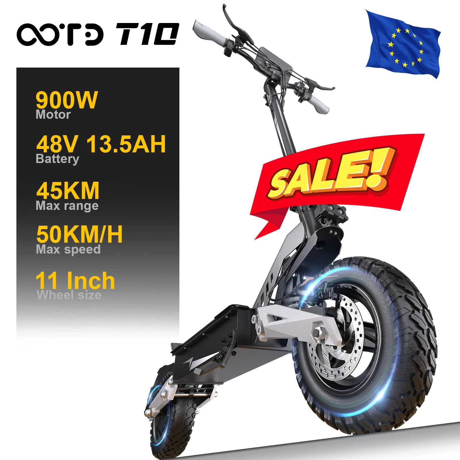11-Zoll-All-Terrain-Reifen, 900W Spitzenleistung, OOTD T10 48V 13,5Ah Akku, E-Scooter mit LED-Bildschirm